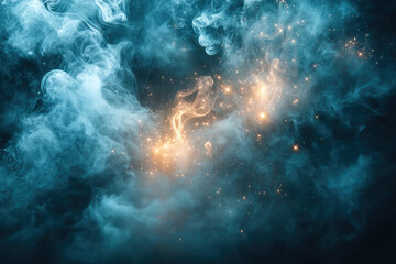 Abstract cosmic scene with teal smoke, golden sparks, and a dark background.