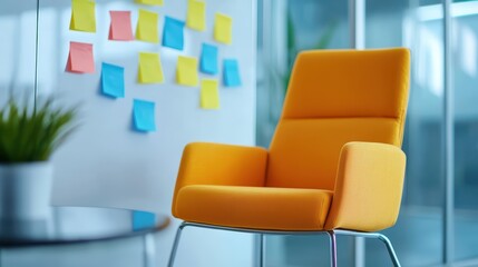 Poster - Bright Orange Chair in Modern Office Space with Sticky Note Wall