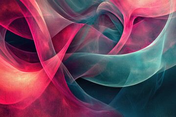 Poster - Abstract art featuring flowing, translucent fabrics in shades of red, pink, and teal.
