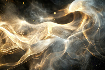 Poster - Abstract golden smoke and dust particles swirl on dark background, creating a magical, ethereal atmosphere.