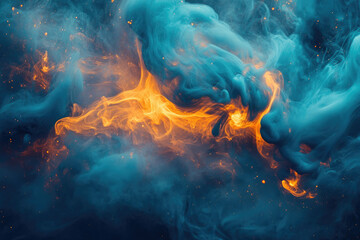 Poster - Abstract art of swirling blue and orange smoke, resembling a cosmic nebula with glittering particles.