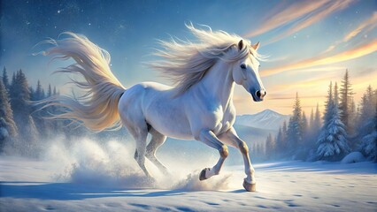 Snow-dusted fantasy, a white steed races.