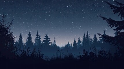 Wall Mural - A quiet forest with dark trees silhouetted against a starry night sky. 