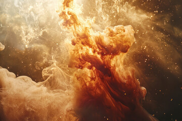 Aufkleber - Abstract swirling orange and brown ink in water, creating a mesmerizing cosmic effect with golden sparkles.