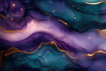 Aufkleber - Abstract art showcasing swirling purple, teal, and gold, resembling a cosmic nebula.