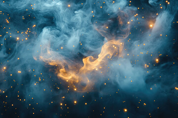 Aufkleber - Abstract cosmic scene with swirling blue and orange smoke, illuminated by golden sparks resembling stars.