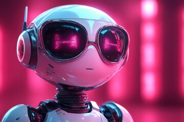 Poster - Futuristic robot with glowing pink accents and headphones in a high-tech environment during nighttime