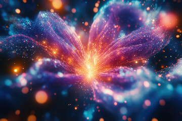 Aufkleber - A vibrant, abstract flower-like form radiates with glowing, multicolored particles and energy.