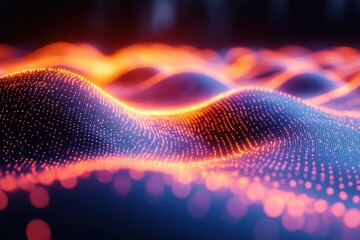 Poster - Vibrant abstract wave patterns illuminated with neon colors creating a mesmerizing digital landscape at dusk
