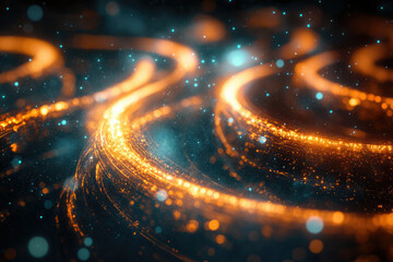 Poster - Abstract swirling golden light trails in a dark space, speckled with teal bokeh.