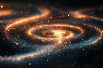 Poster - A swirling vortex of golden light and particles in a dark space, resembling a cosmic galaxy or nebula.