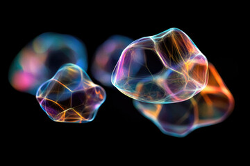 Leinwandbilder - Abstract iridescent bubbles with intricate internal structures, floating in dark space.
