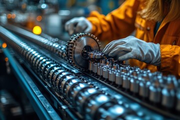 Poster - Skilled worker assembles components on a manufacturing line in an industrial facility in the evening