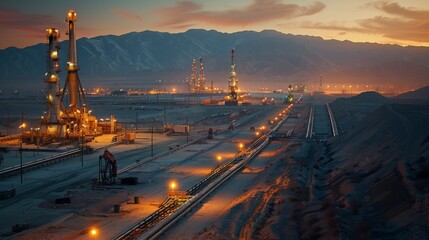 Leinwandbilder - Workers engage in oil extraction activities as the sun sets behind distant mountains, creating a blend of natural beauty and industrial development.