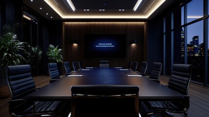 Poster - A large conference room with a black table and black chairs