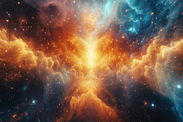 Poster - A vibrant nebula, swirling cosmic clouds of orange and blue, speckled with stars, creating a breathtaking celestial scene.