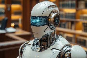 Poster - Advanced humanoid robot stands in a library showcasing its intricate design and futuristic features