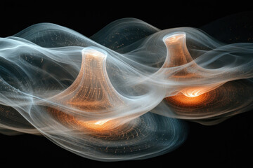 Poster - Abstract artwork depicting two swirling, luminous vortexes connected by ethereal, flowing fabric, creating a mesmerizing cosmic scene.