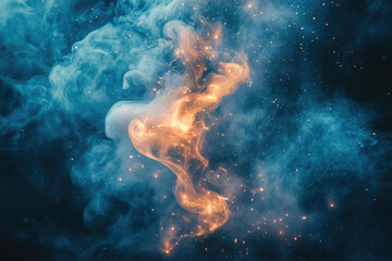 Poster - Abstract cosmic scene with swirling blue and orange smoke, sparks, and a starry background.
