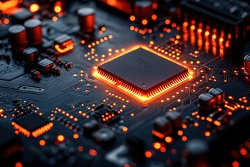 Poster - Close-up of a glowing circuit board showcasing intricate details of electronics at night