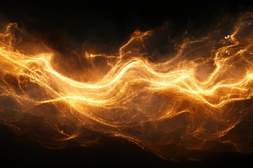 Poster - Abstract golden energy waves flowing in dark space, a cosmic stream of light and particles.