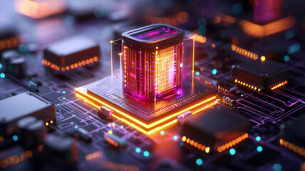 Poster - An abstract depiction of a vibrant microprocessor surrounded by glowing circuits and neon light effects, conveying cutting-edge technology
