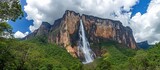 Angel Falls Venezuela Majestic waterfall cascading down cliff face, lush jungle backdrop