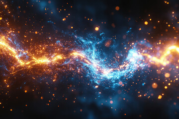 Poster - Abstract artwork depicting intertwining streams of vibrant blue and orange energy with sparkling particles on a dark background.