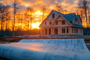 Construction of a new house at sunset with blueprints in focus and trees in the background