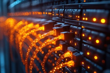 Poster - Intricate network of illuminated cables connecting servers in a modern data center at night