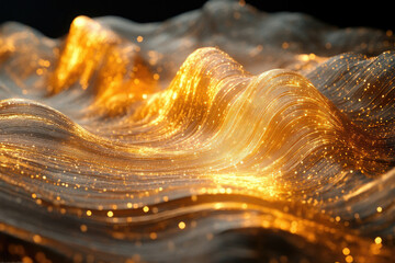 Aufkleber - Glowing golden waves of light, shimmering and flowing like a luxurious fabric, creating a mesmerizing abstract landscape.