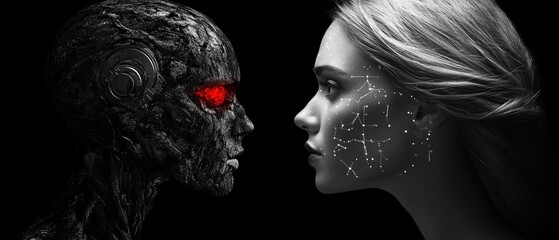Poster - Woman with red eye and black alien head in surreal artistic portrait photography