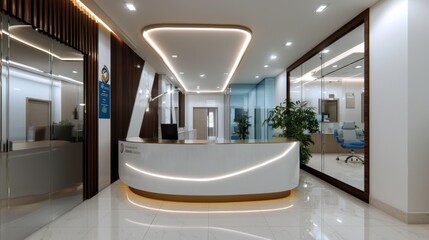 Poster - A modern office lobby with a white desk and a plant