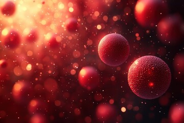 Poster - Red cells floating in a surreal space filled with glowing particles and shimmering light at an abstract level
