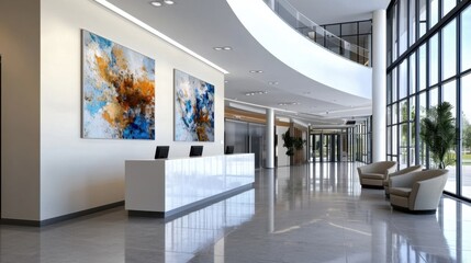 Poster - A large lobby with a white wall and two paintings on it