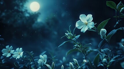 Wall Mural - A serene night scene featuring jasmine flowers illuminated by soft moonlight. 