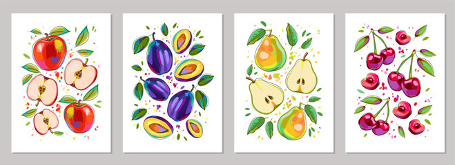 Set of posters with fruits and leaves. Templates with apples, plums, pears and cherries. Colorful art prints for cards, wall decor, banner, cover, label and more. Vector illustrations.