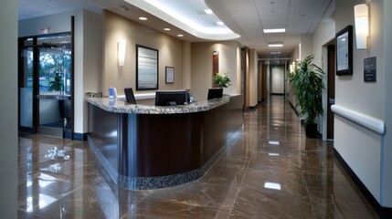 Poster - A large lobby with a marble counter and a potted plant