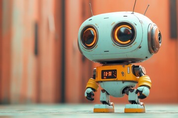 Poster - Robot stands in a colorful hallway with illuminated eyes and a vibrant body design during daylight