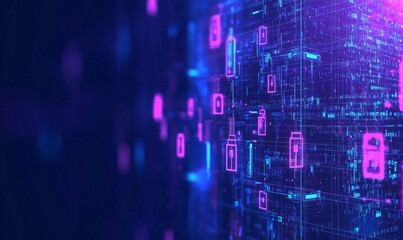 Digital abstract background featuring vibrant blue and pink data patterns and security icons.