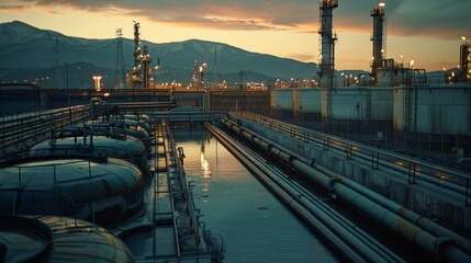 Aufkleber - Pipelines and large storage tanks are visible in an industrial area at dusk, illuminated by artificial lights against a backdrop of mountains and a colorful sky.