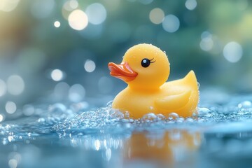Poster - Yellow rubber duck floating on water with gentle bubbles and a dreamy background of blurred lights