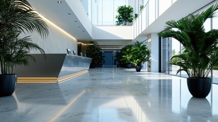 Poster - A large lobby with a long hallway and a few potted plants