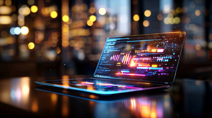 Poster - Futuristic laptop displaying vibrant data visualizations with blurred urban background and glowing bokeh lights