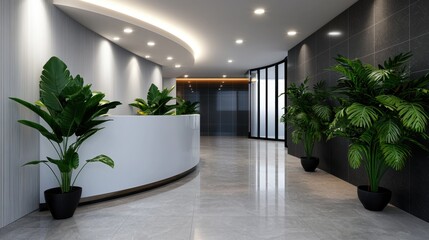Poster - A large lobby with a white counter and a black and white wall