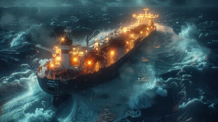 Aufkleber - A cargo ship sails through rough ocean waters during a stormy night, its bright lights shining against dark clouds and powerful waves crashing around it.