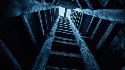 Poster - A dark blue image of a building with a ladder leading up to the top