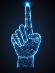 digital hand pointing up: a futuristic, digitally rendered hand points upwards with a luminous blue 