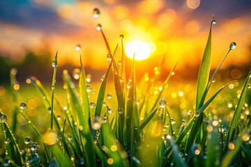 Canvas Print - Spring Morning Dew Drops on Fresh Green Grass -  Early Sunrise Landscape Photo