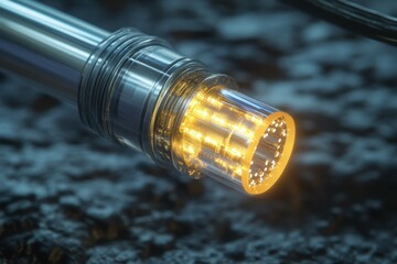 Poster - Close-up view of a futuristic metallic device emitting glowing light on a textured surface